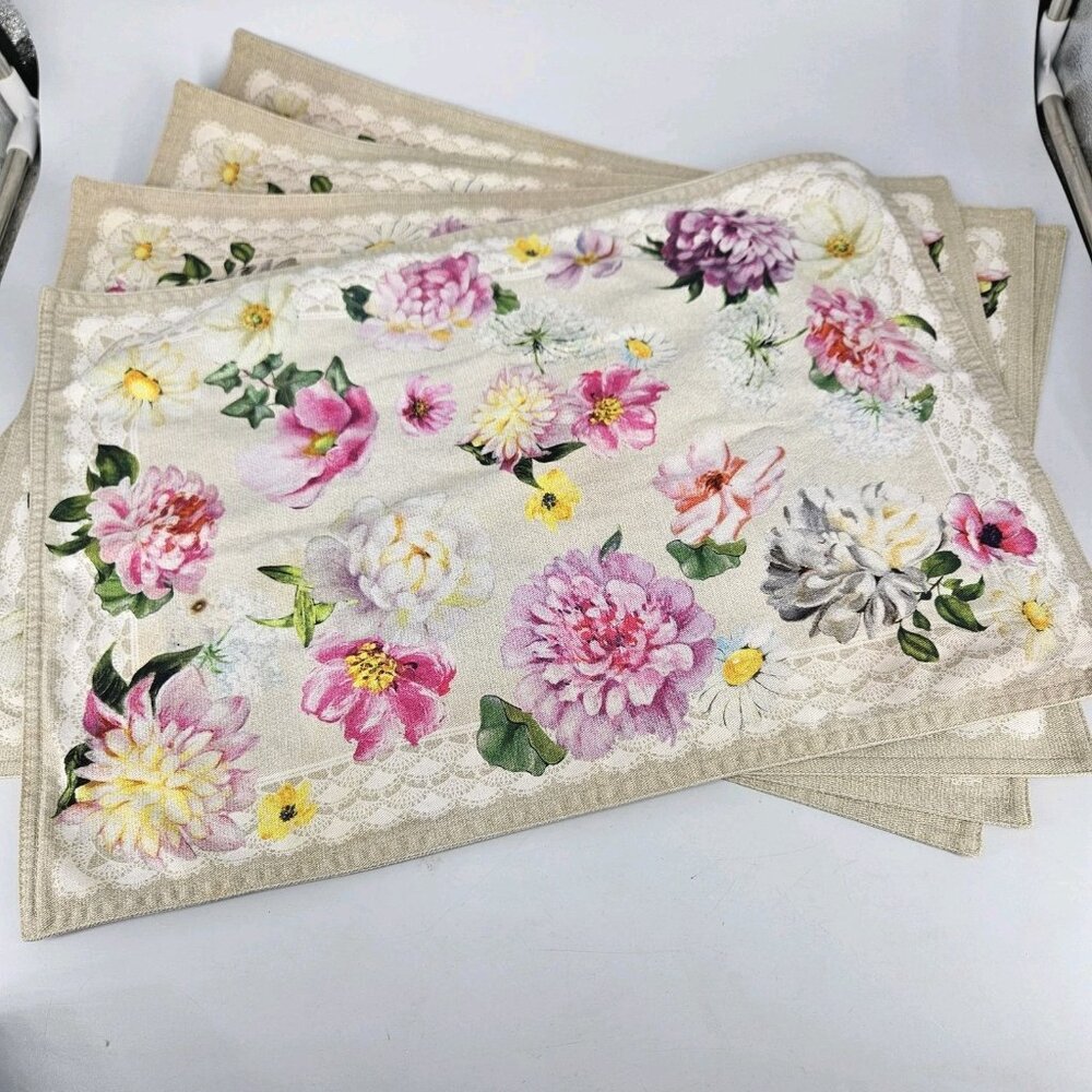 Maison D' Hermine Spring Pink Floral Cotton Placemats Set 4 Dining Table Decor